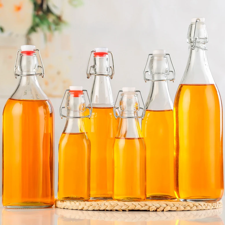 Custom Clear 500ml 750ml 1L bordeaux flat bottom swing top lid beverage beer glass wine bottle with airtight clip stopper