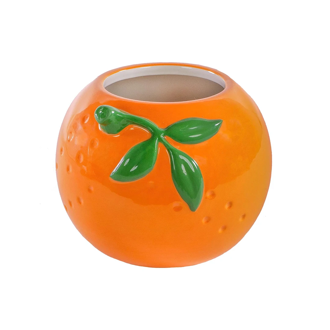 Custom Ceramic Carved Creative modern orange vase home decoration vase indoor vivid orange fruit shape vase pencil holder