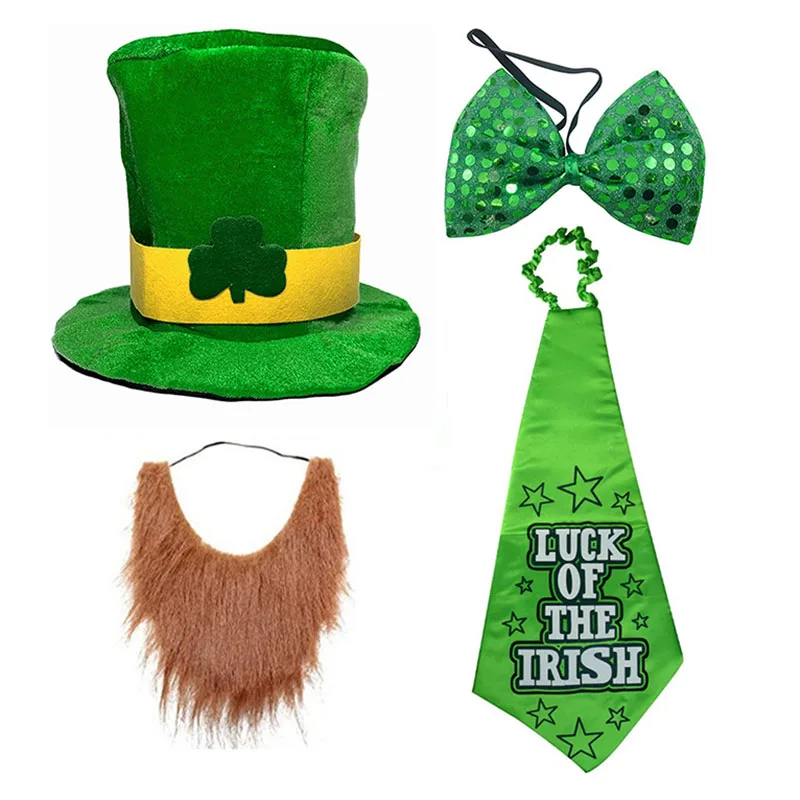 Factory Direct Irish Day Green Shamrock Hat Mustache St. Patricks Day Neck Bow Tie