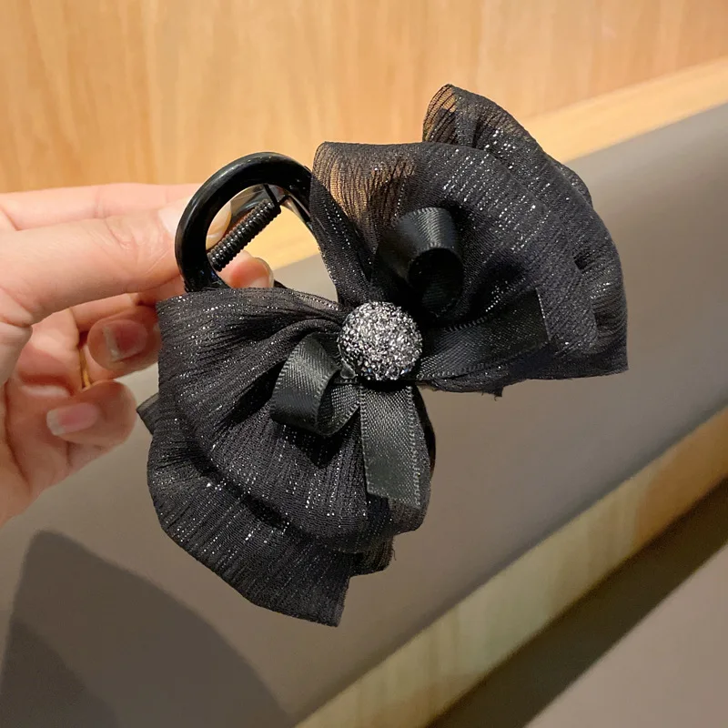 Bright Silk Bow Gauze Hair Clip Temperament All-match Hair Claw Clips Shark Clip Girls And Women Hair Accessories