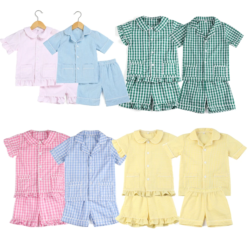 No MOQ summer seersucker gingham toddler boys short sleeve pajamas sets plain ruffled children girl pyjamas