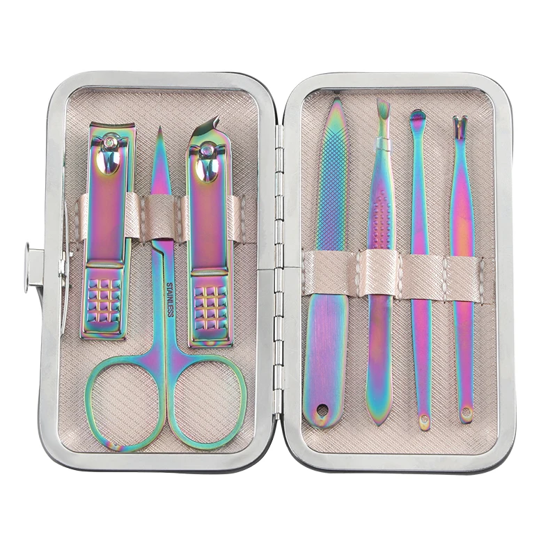 Wholesale Pedicure Steel 7in1 Manicure Set 15 Pcs Tools With Rainbow Color With Nail Clipper Cuticle Nipper Pusher