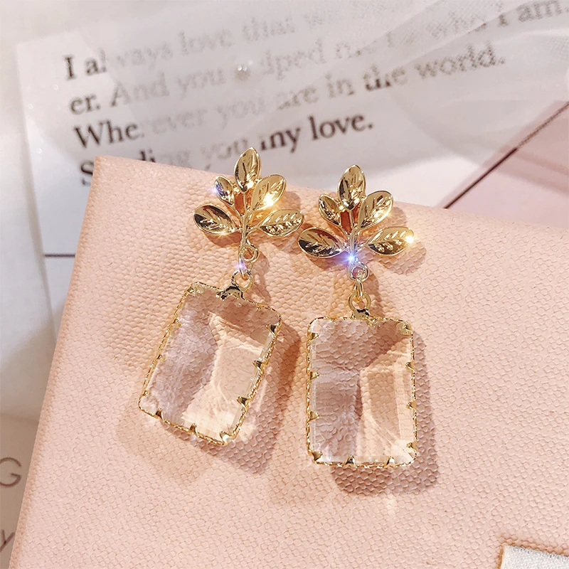 2019 корейские Ретро золотые металлические прозрачные Геометрические Квадратные висячие серьги с листьями цветами и кристаллами для женщин (KER424)