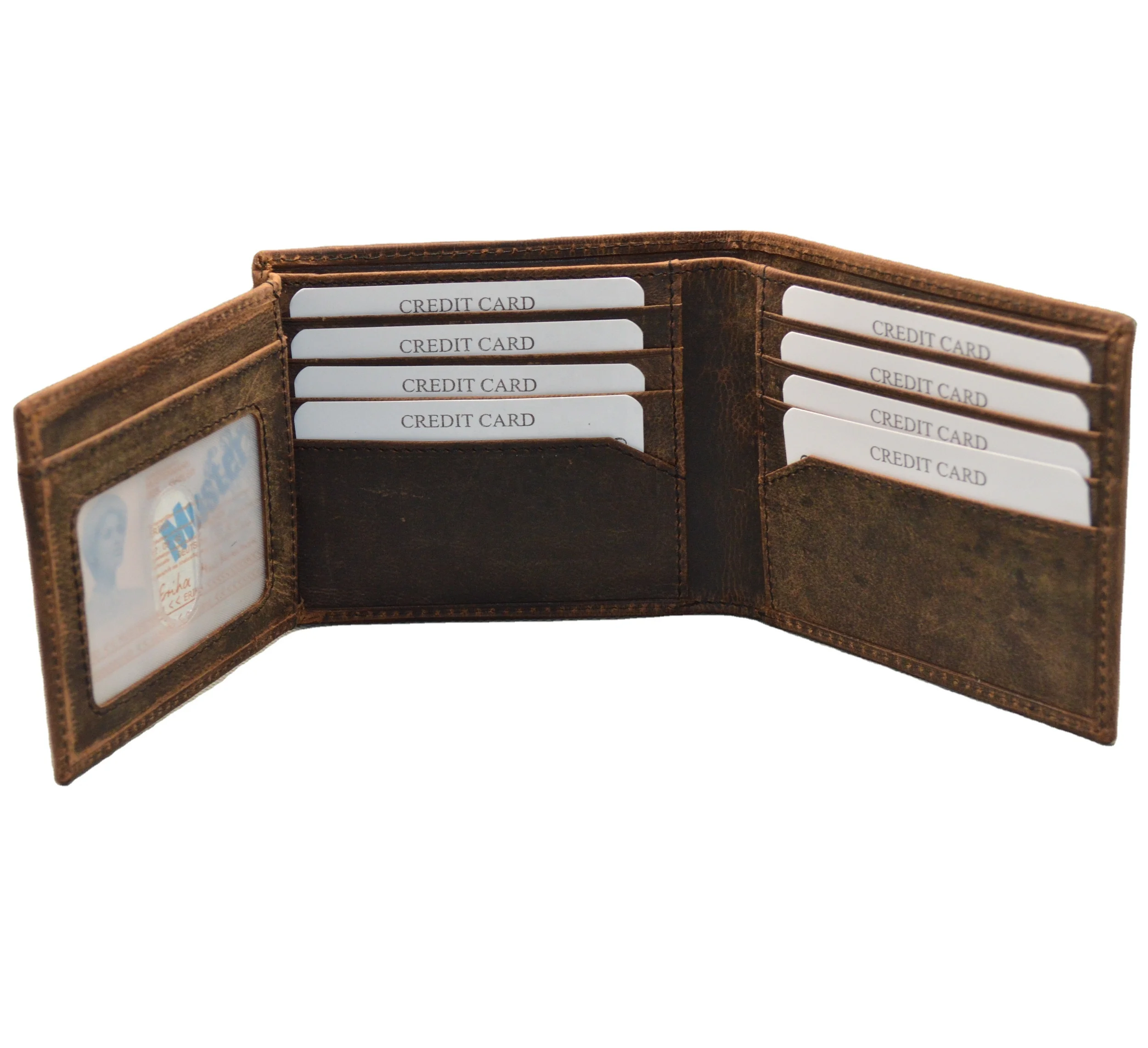 Premium Leather Multi Card Capacity Wallet with RFID Protection for Mens SKULL Double ID Bifold Hand Burnished High Quality