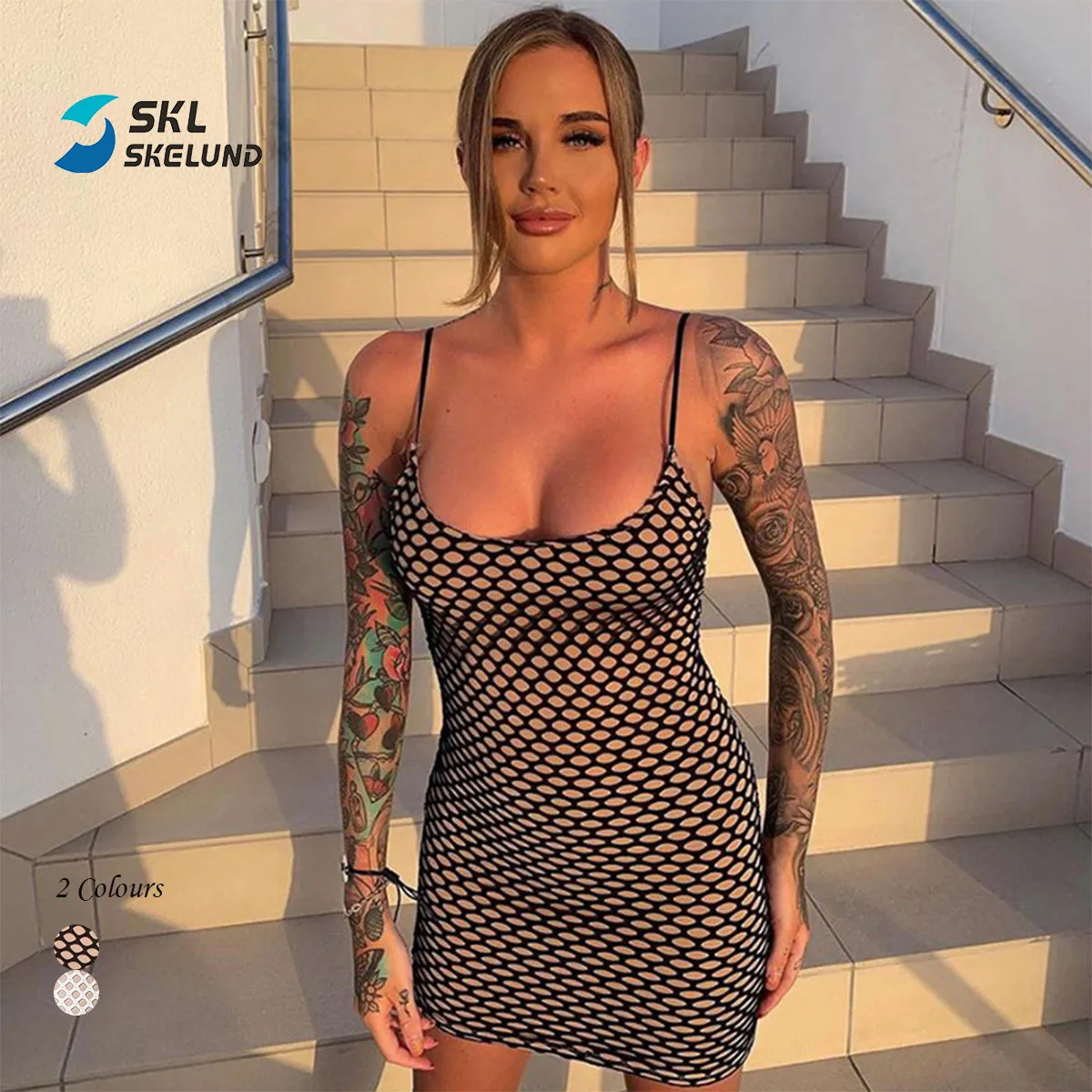 Fashion Women Summer Casual Dresses Spender Round Vest Cut Out Mesh Contrast Slim Dress Mesh Corset Dress