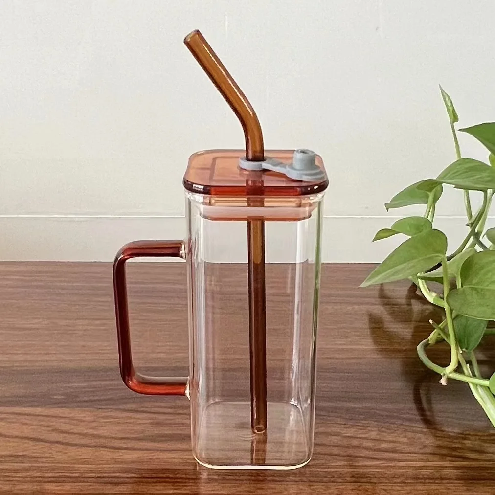 Custom Available Bamboo Lid Water Juice Clear Glass Mugs With Colored Handle