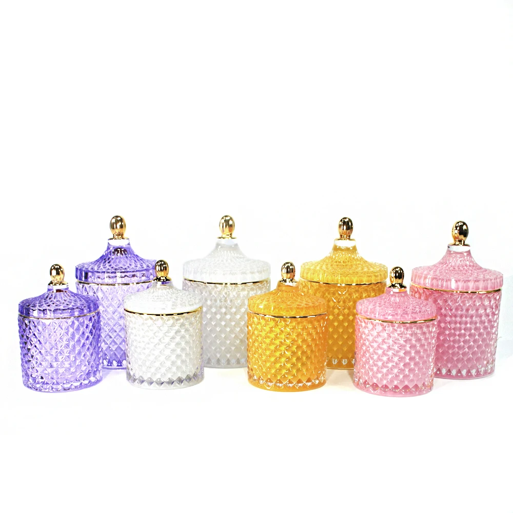 FENGJUN iridescent cylinder embossed Geo cut colored glass candle jar
