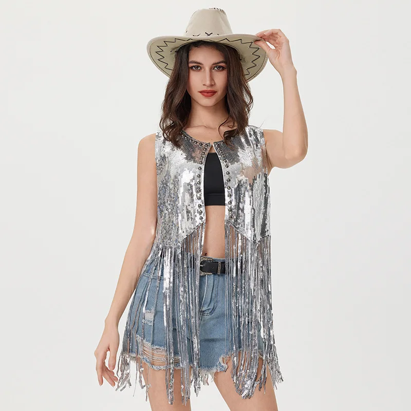 European Carnival Cowboy Cardigan Coat Women Sequin Fringe Vest