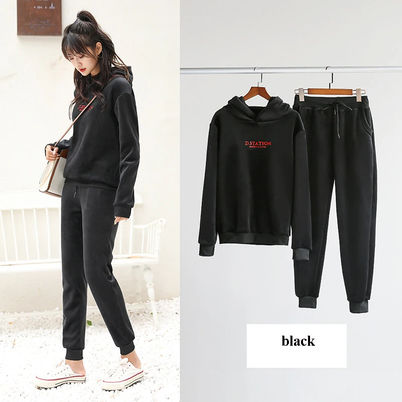 Плюшевый спортивный костюм, женские брюки на осень и зиму, свободные леггинсы, шаровары, Повседневный свитер и штаны из двух предметов