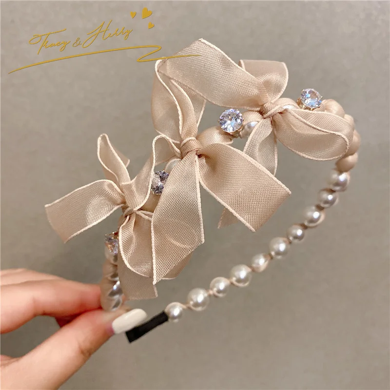 Tracy & Herry Wedding Bride Hair Accessory Fairy Gauze Bowknot Headdress Shiny Women Thin Edge Rhinestone Pearl Headband