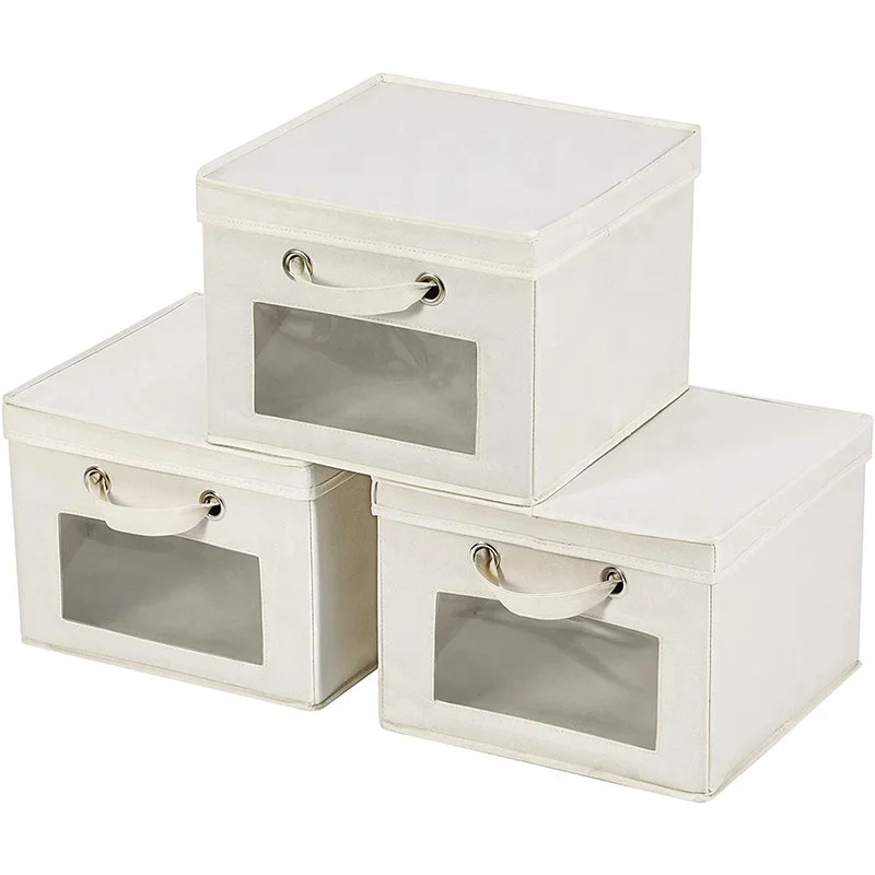 Closet Storage Cube with Clear Window, Lid and 2 Handles for Shelves, Foldable, Beige
