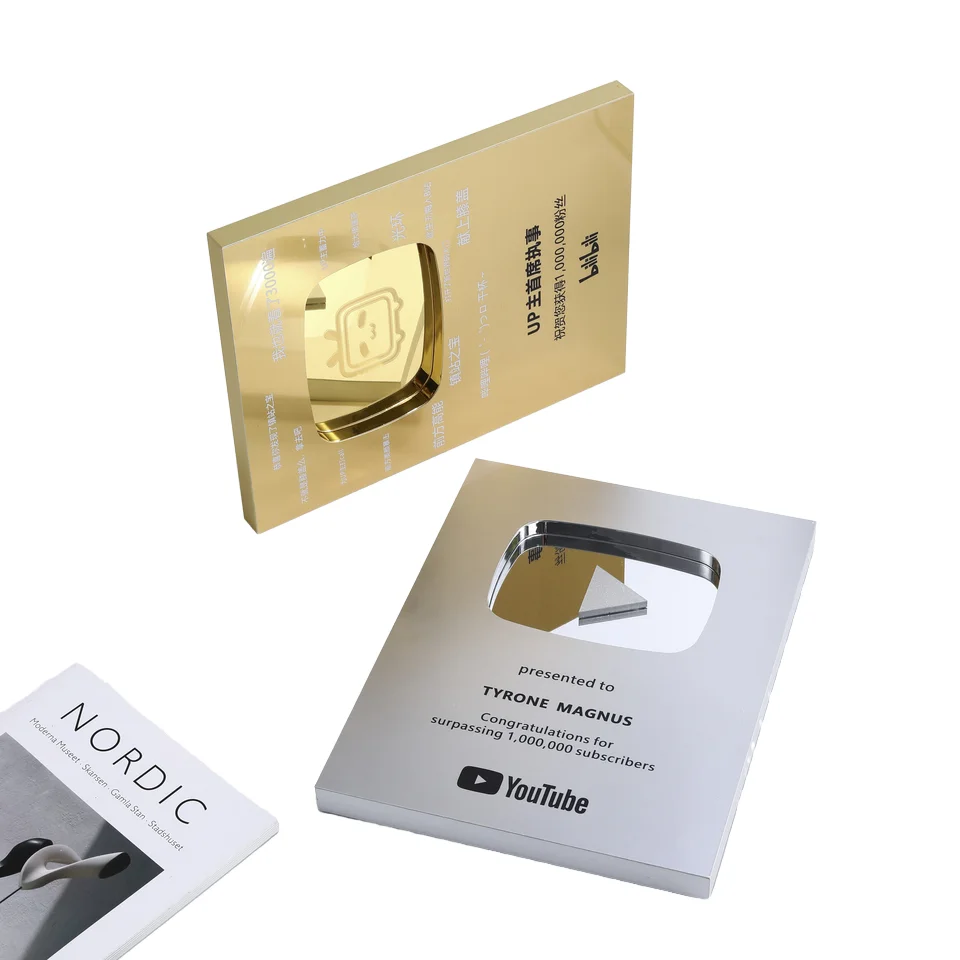 3Dlogo aluminum identification plaque Gold Silver MEDALS Youtube Play Button Subscriber Awards Business gift customized Souvenir