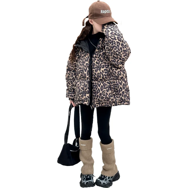 2024 New Teenagers Girls Winter Children Girl Leopard Thicken Outdoor Wear Coat