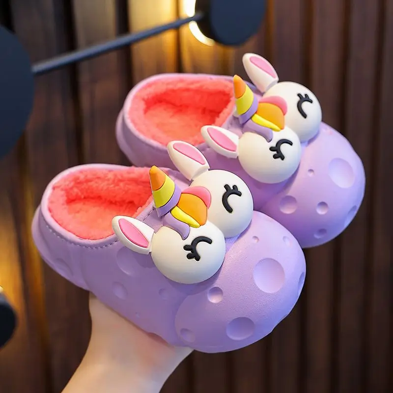 Cotton Slippers Kids Winter Indoor Plush Warm Non-Slip Waterproof Shoes Bag Heel Summer Spring Style Fur EVA Outsole Material