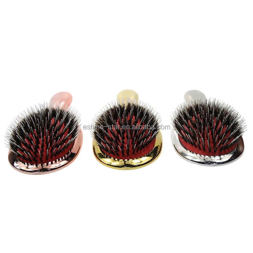 Custom Logo Rose Gold Color Electroplated Boar Bristle Glossy Hair Brush Extension Hair Brush