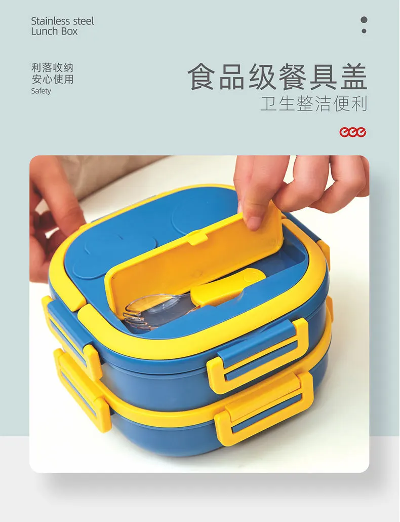 Bento Box 550ml Single Layer 3 Compartments Kids Lunch Box, Stainless Steel Square Plastic Lunch Boxes with Mobile Holder CN;GUA