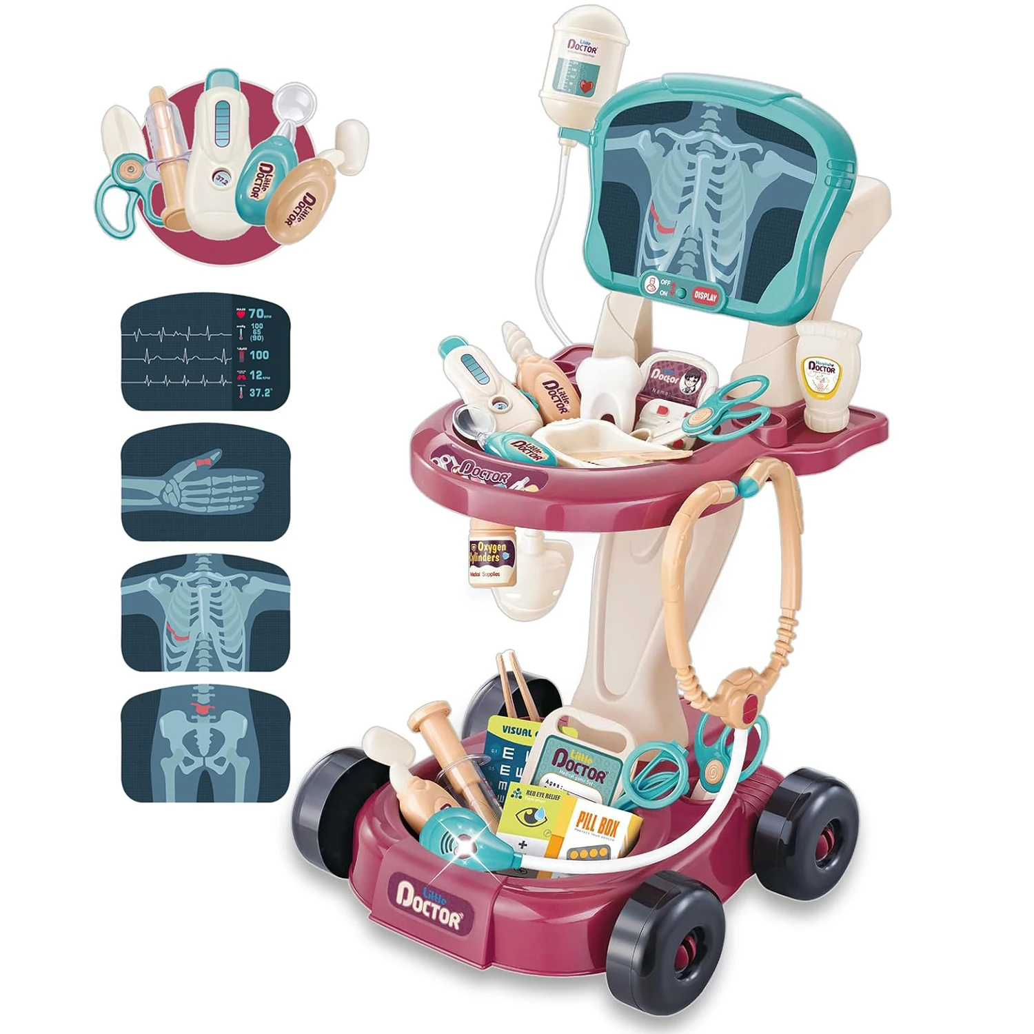 Doctor Set Pretend Play Educational Toys for Kids Dentist Vet Medical Mobile Cart with Sound Light Xray Stethoscope
