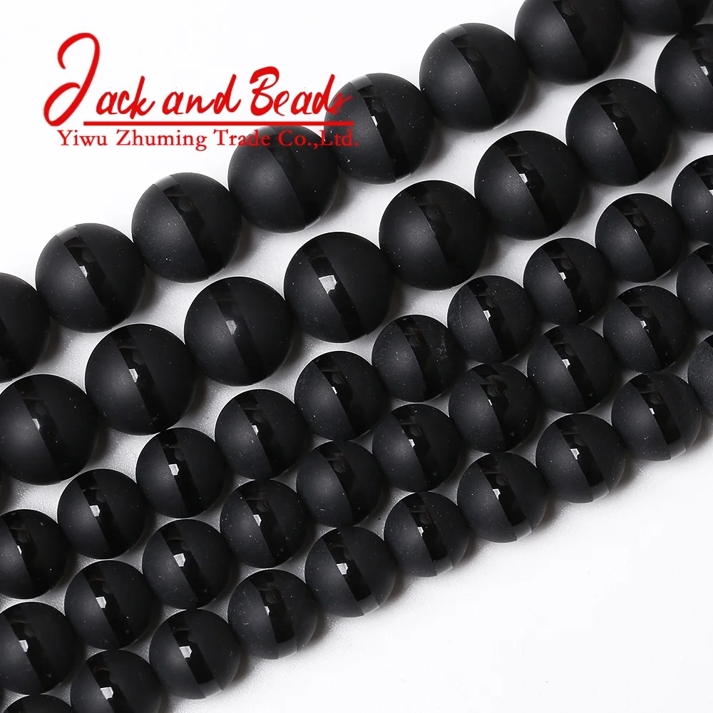 Natural Onyx Stone Striped Line Black Agate Round Loose Beads For Jewelry Making