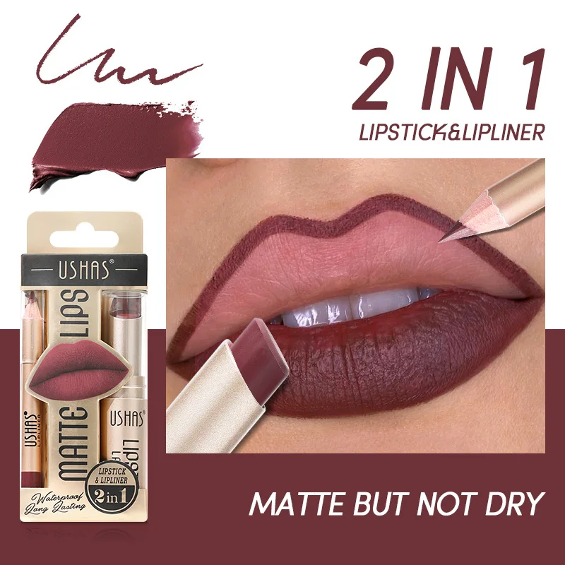 USHAS 2 in1 Matte Lipstick Lip Liner Kit 12 Colors Non-stick Cup Long-lasting Waterproof Nude Lipstick