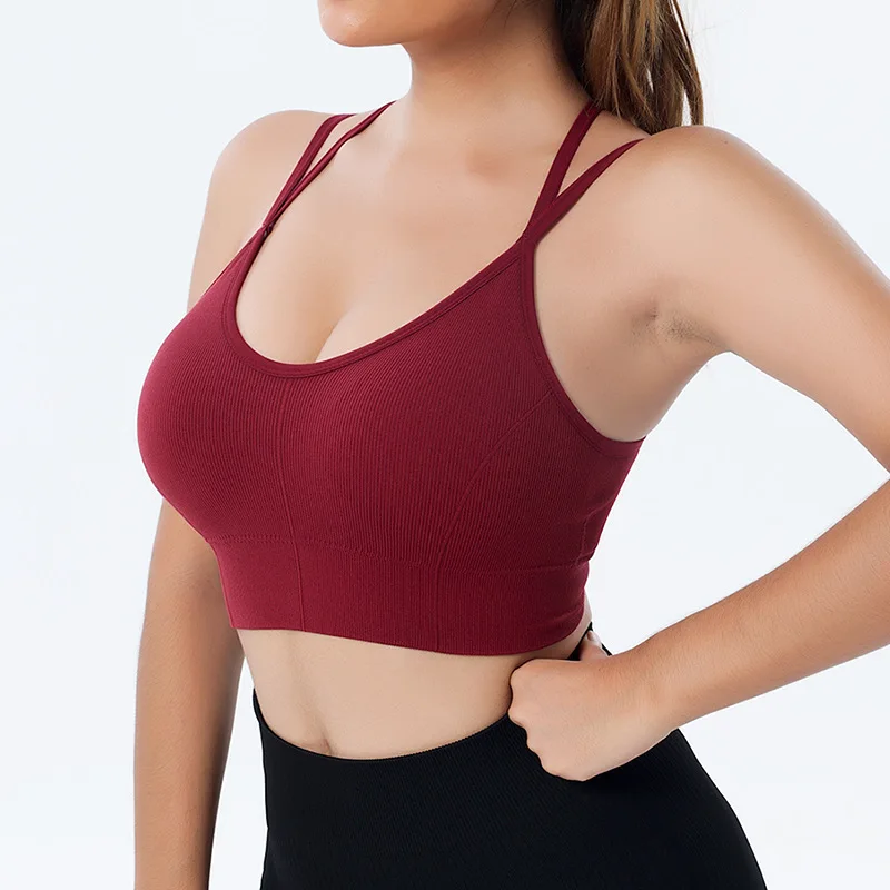 Custom Seamless Sling Yoga Bra Stretchy Crossover Camisole One Piece Gym Sports Exercise Tank Fitness Backless Bra For Women