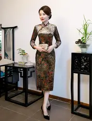 Облегающее платье-Ципао из бархатной ткани, до колена, с цветочным принтом и рукавом 3/4