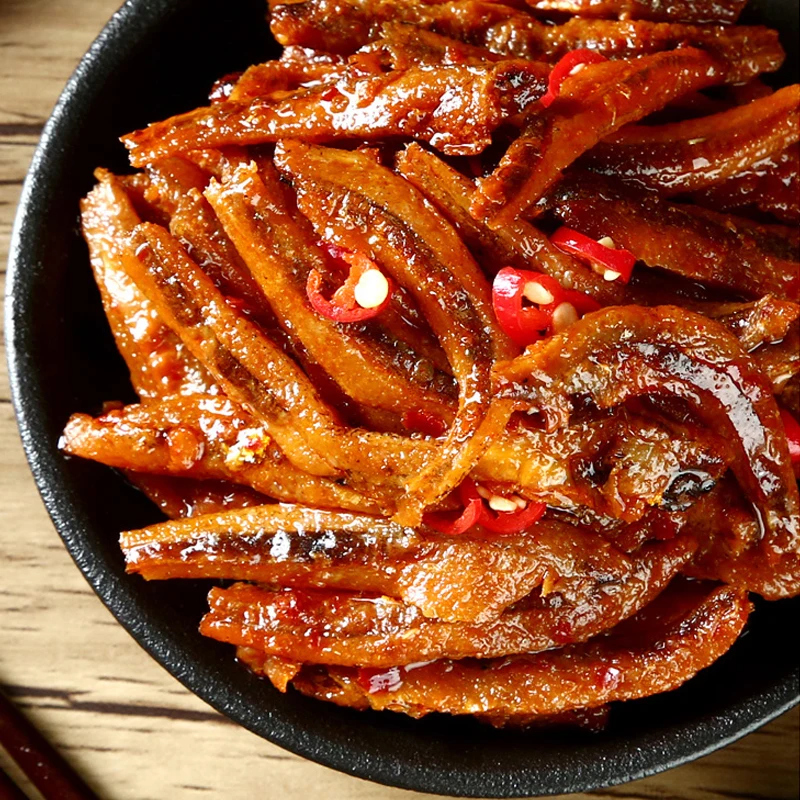 
Custom Chinese lowfat healthy kids chilli spicy small fish seafood snakcs food wholesale 