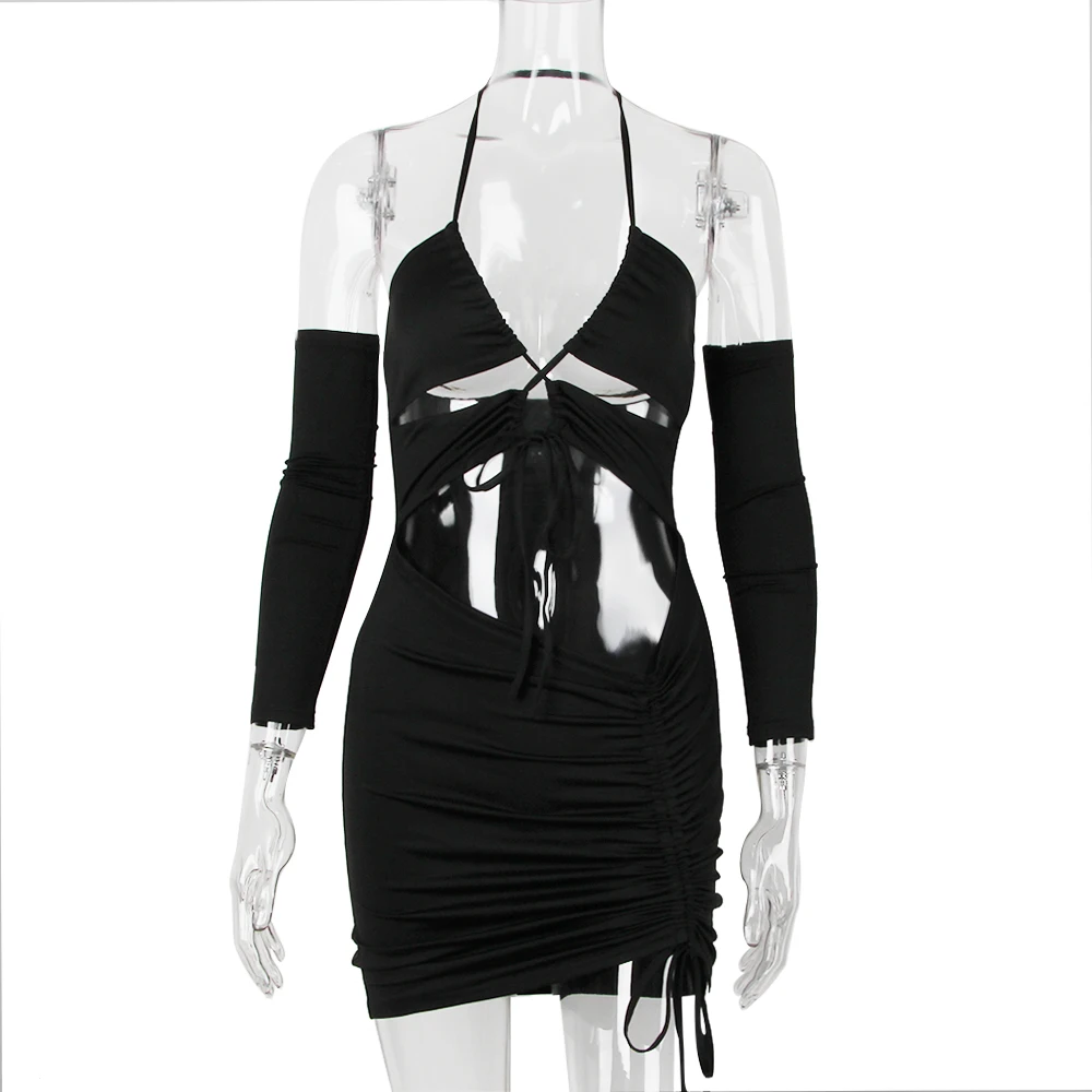 Summer Women Halter Long Sleeve Mesh Split Bandage Hollow Out Mini Dress 2 Piece Set Women Skirt Sets