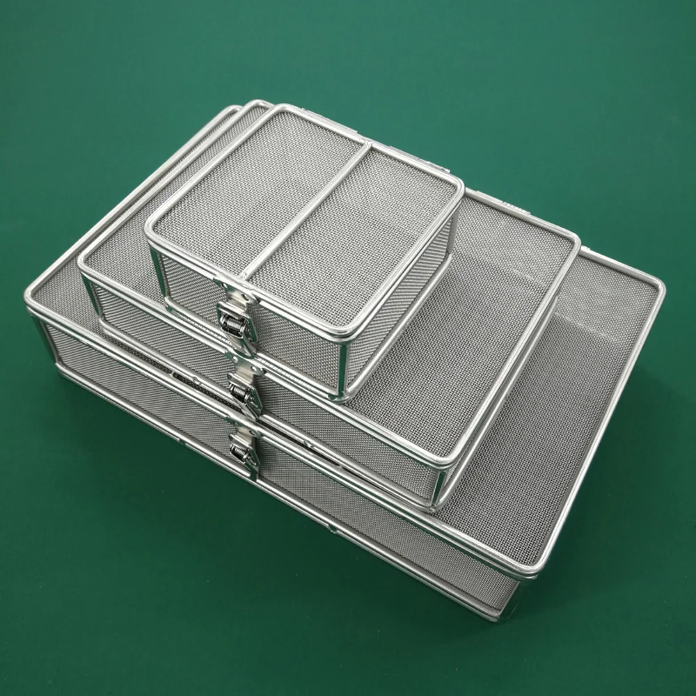 304 stainless steel square medical dense mesh disinfection storage basket instrument ultrasonic cleaning basket with cover