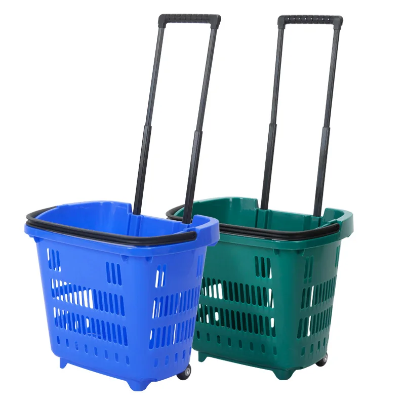 
Supermarket Shopping Plastic Rolling Basket with 2-wheel Telescopic Handle shopping basket 