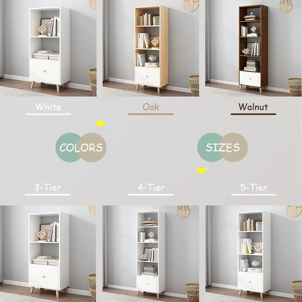 4-Tier Open Shelves Bookcase - 59 Inches Height Modern Floor Standing Cubes Wooden Mid Bookshelf with Storage Drawer and Legs