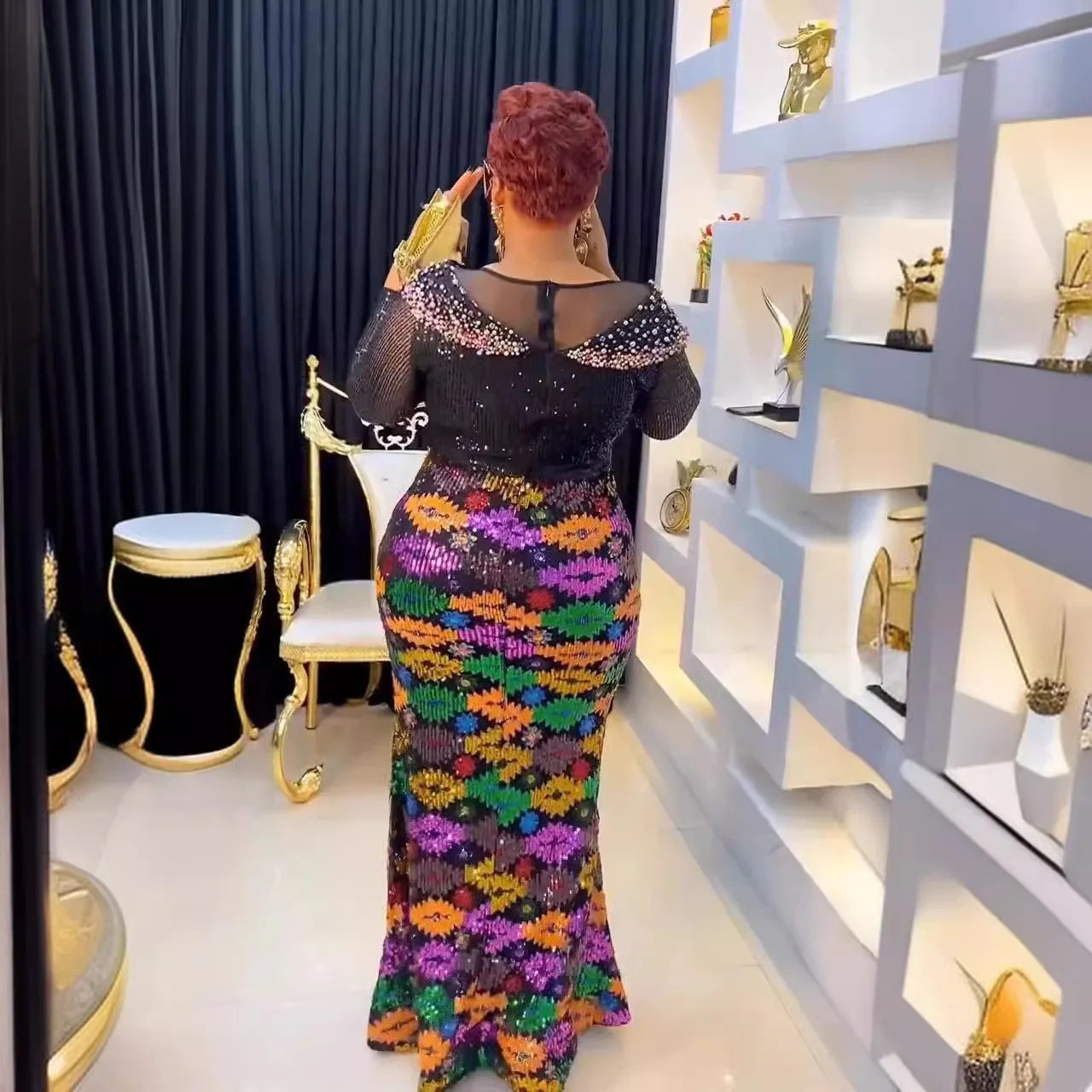 African Elegant Lovely Shining Colorful Sequin Bodycon Dress Ankara Lady Maxi Dresses For Women K0561