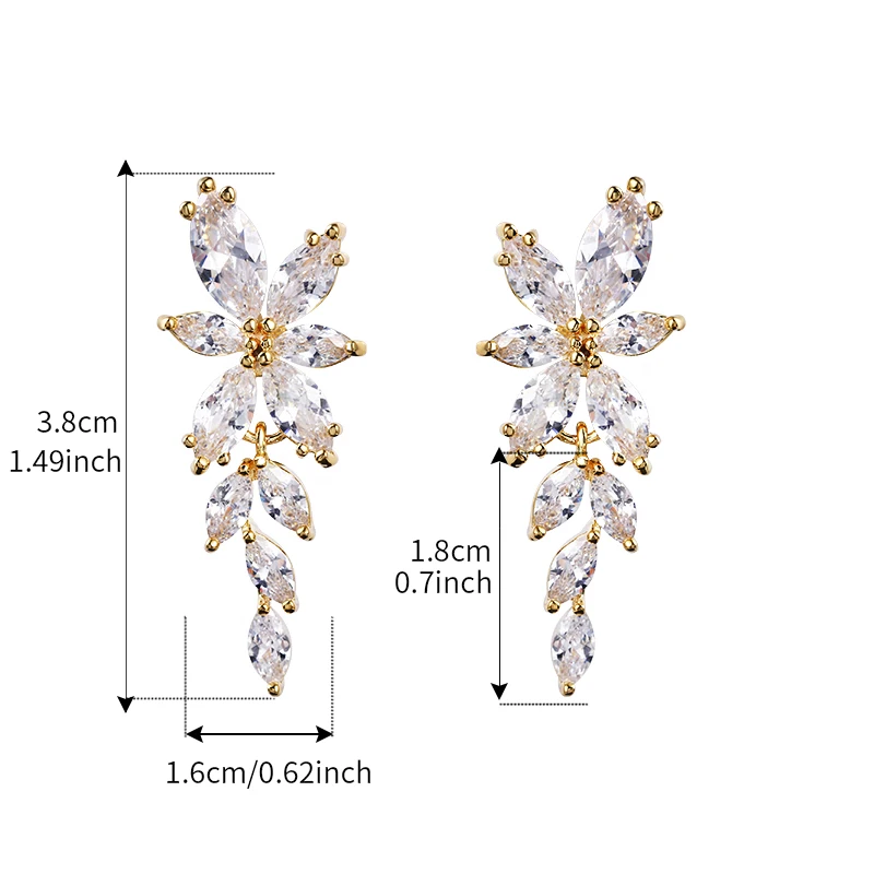 Marquise Leaf Shape Cubic Zirconia CZ Crystal Chandelier Earrings for Women Wedding Bride or Bridesmaid Jewelry