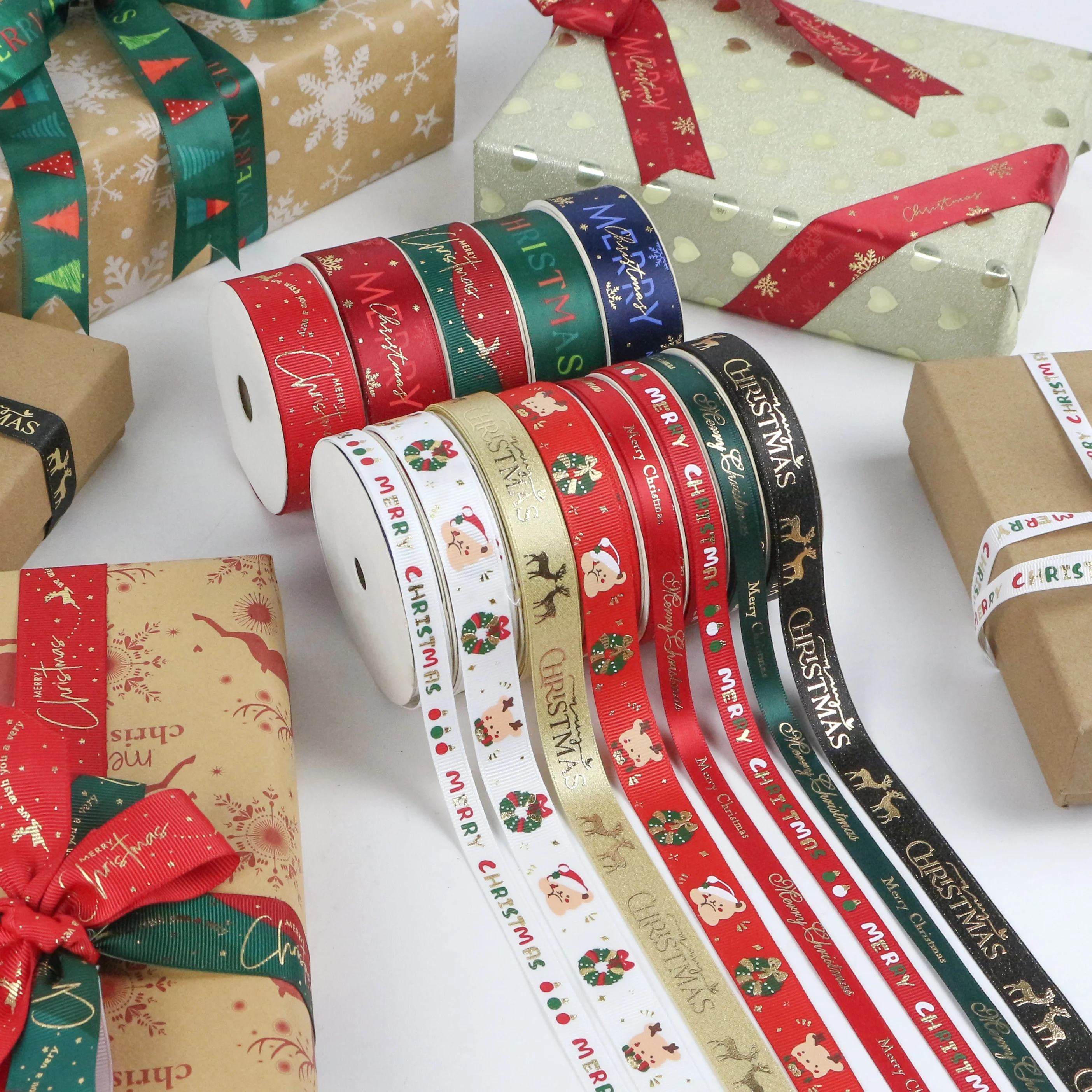 Midi Stock Fast Delivery Merry Christmas Ribbon Roll 9mm 16mm 25mm Foil Ink Printed Grosgrain Christmas Ribbon for Gift Wrap