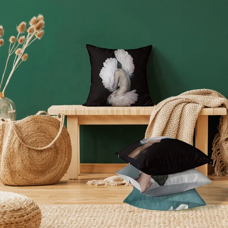 Modern Art Beautiful Body Swan Wings Feather Ballerina Girls Decorative Pillow Cover for Sofa