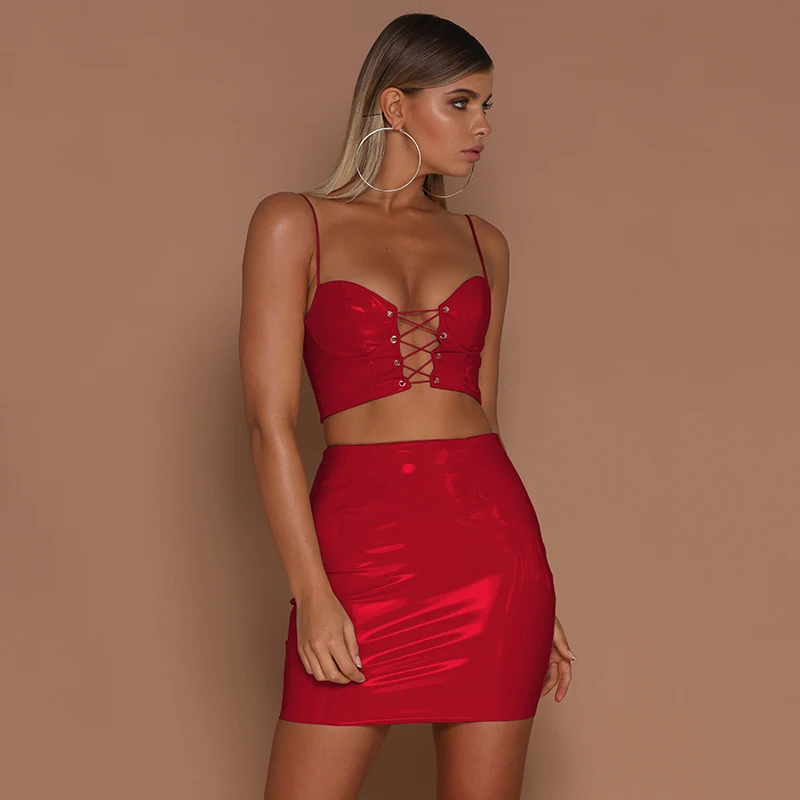 
2019 Latets fashion women clothing sets sexy women clothes 2 pieces set bandage tank tops and PU skirts 