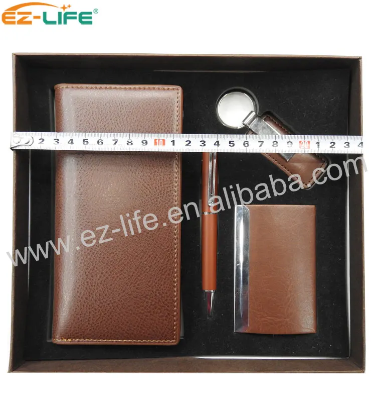 Gift Set Promotional Key Chain PU Business Card Holder Custom Pen Leather Card Wallet