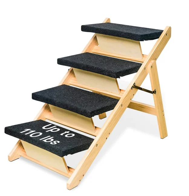 Wooden Dog Ramp with 4 Steps, Foldable Dog Stairs for High Beds Cars Couch, Durable