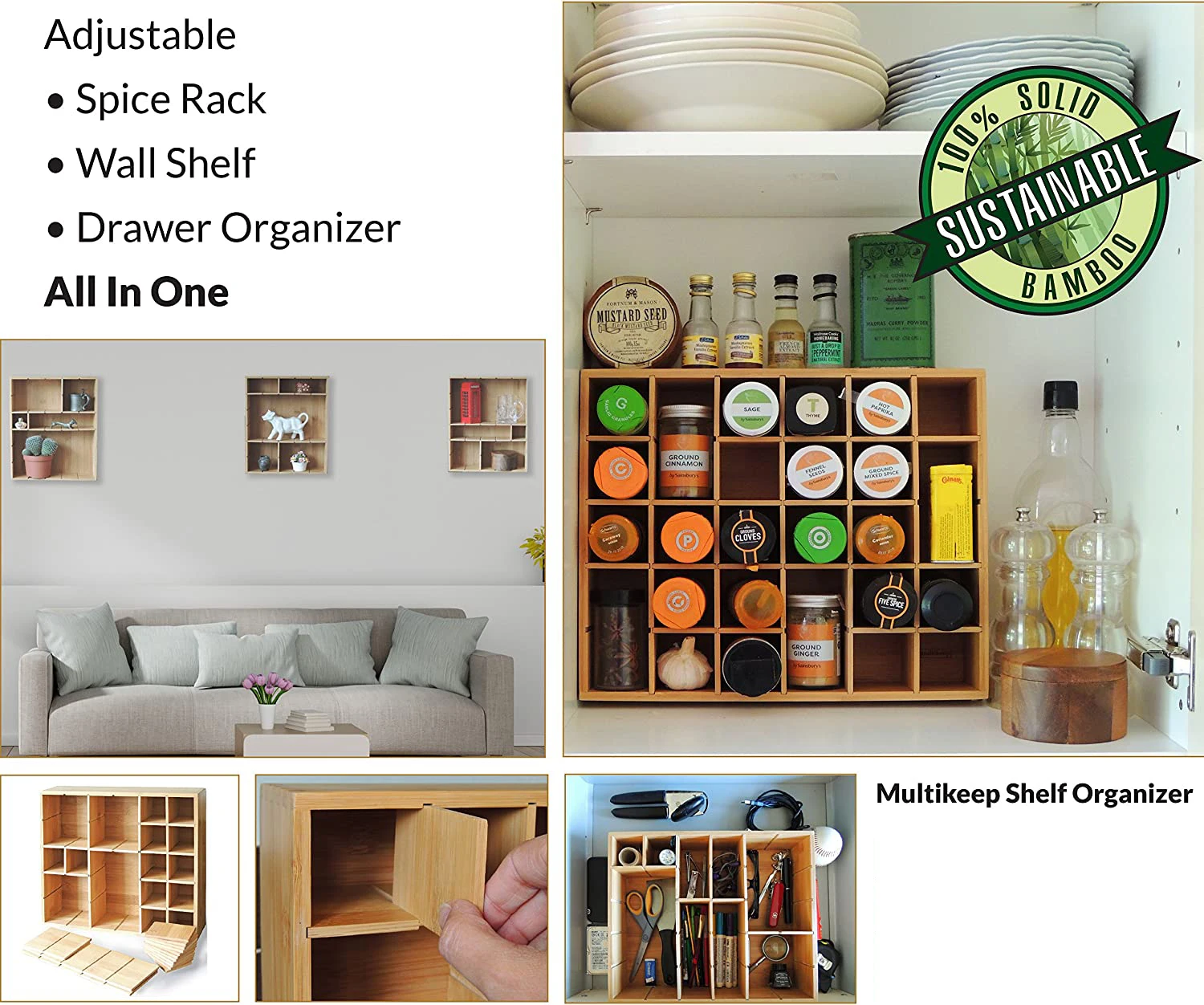 Wooden Spice Rack Shadow Box Adjustable Bamboo Drawer Dividers Organizer for Wall Mount Counter Top Cabinet