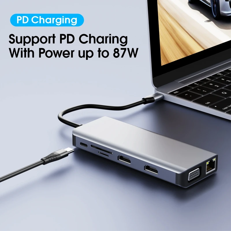 Docking Station 12 in 1 USB C Hub 2 HDMI VGA RJ45 Gigabit USB 3.0 Hub SD TF PD 87W Type C USB Hub