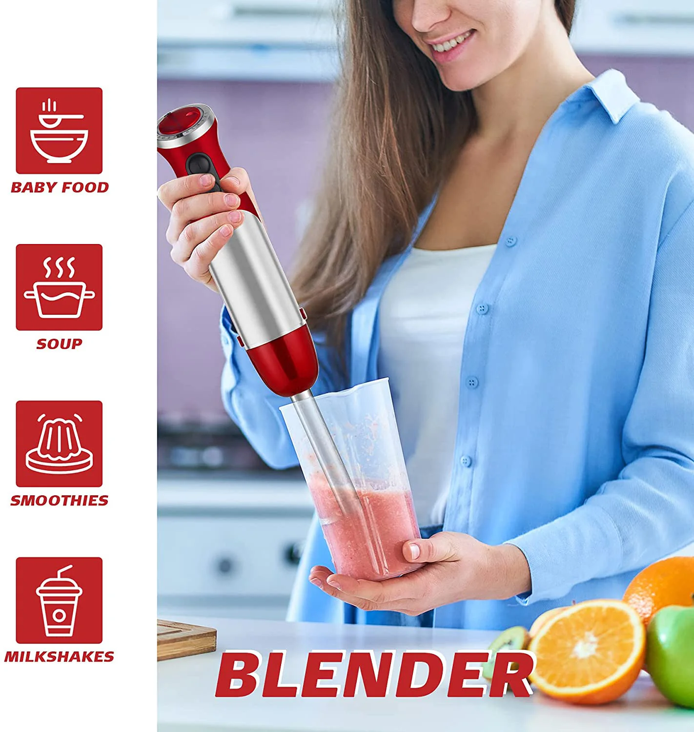 Customized color 4 in 1 hand blender with egg whisk milk frother hand stick blender for making food