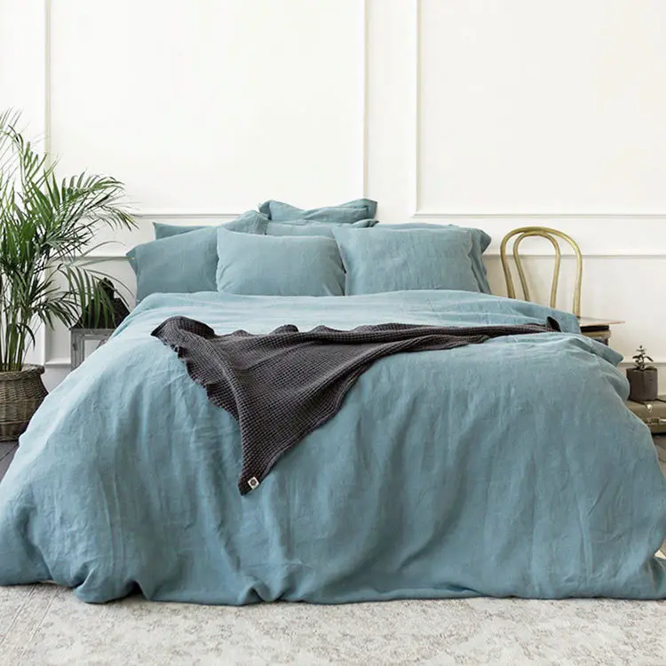 European linen solid bedding sets Preshrunk organic pure Linen bed sheet 185gsm flax linen stone washed bed Sheet
