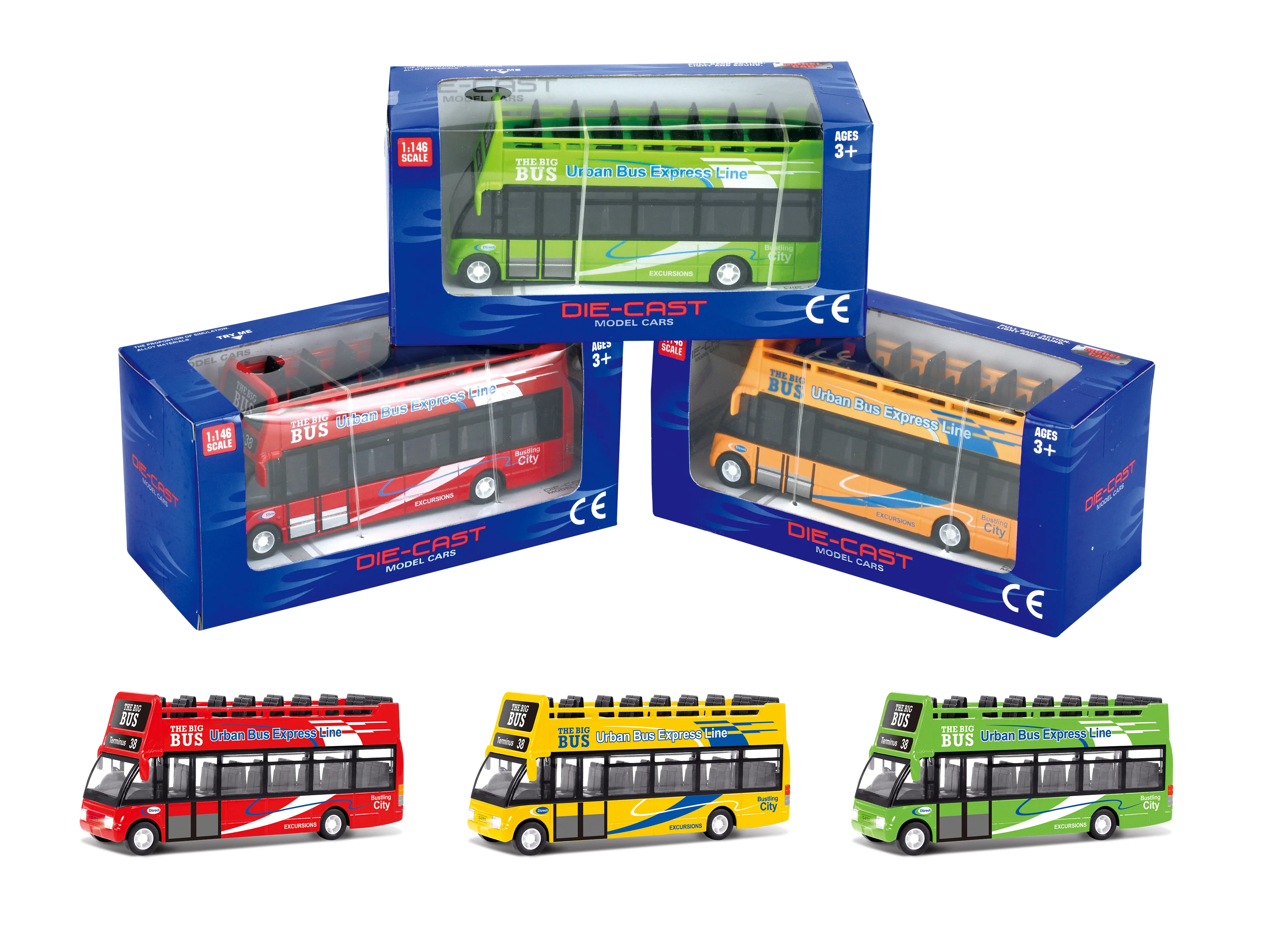 1:146 Pull-back Alloy double-decker Bus with lights and music logo customization OEM ODM Diecast Model Car for Boy toy vehicle