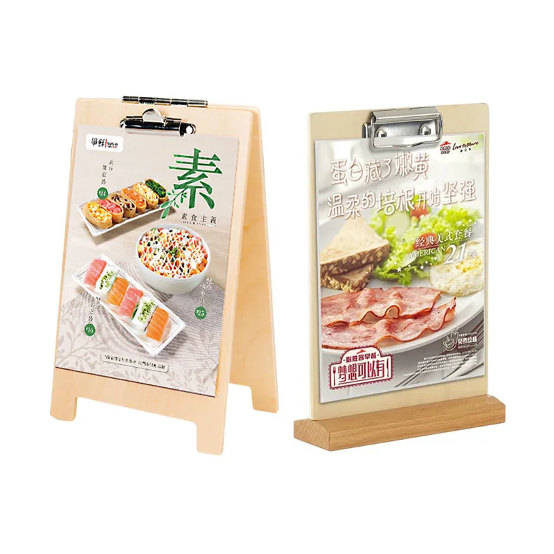 Wholesale custom A shape advertising wooden base menu holders table stand with clip