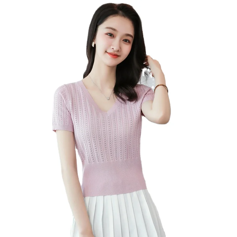 Wholesale High Quality Custom Girls Ladies  Trendy Short Sleeve Crop Tops  Womens Hollow Crochet V-neck thin knit T-shirt