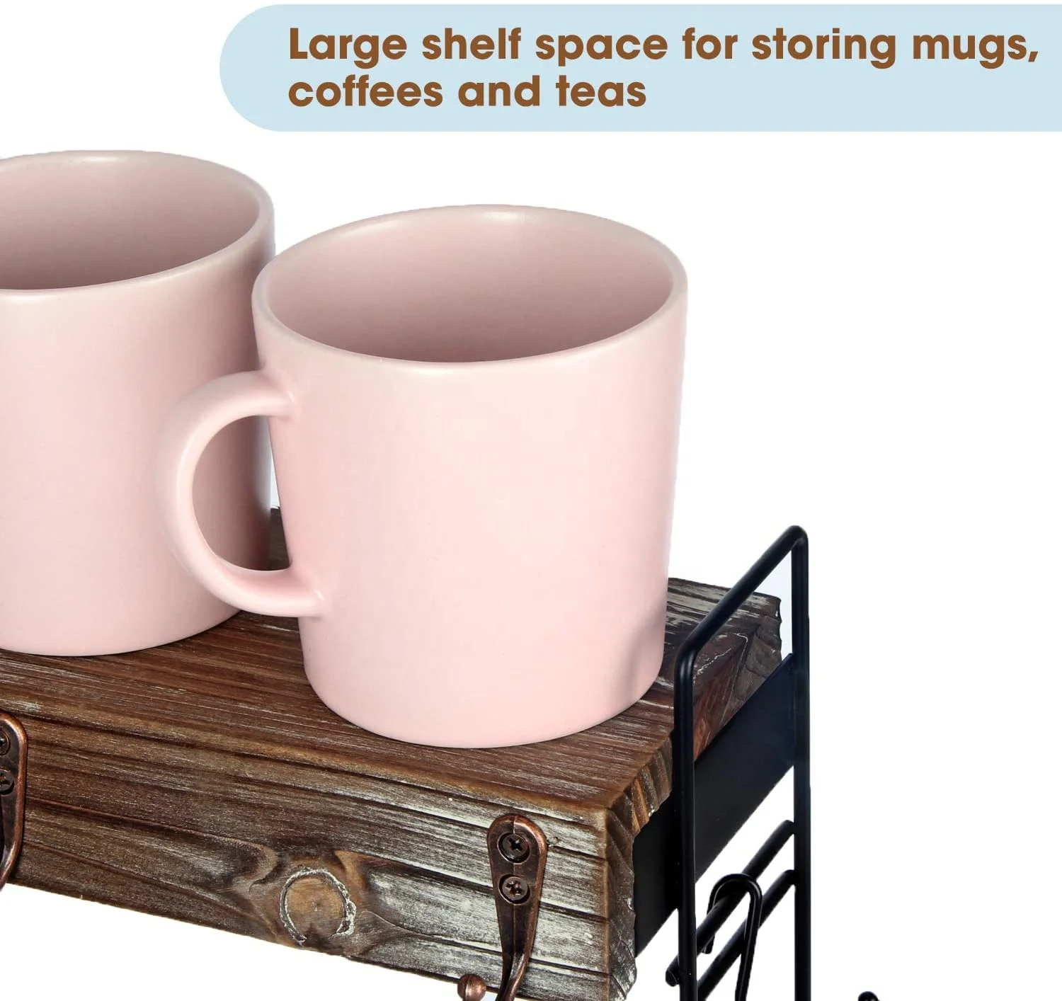 Rustic Wood Countertop 2 Tier Coffee Mug Cup Rack Holder Stand with Metal Frame and Wooden Shelf for Coffee Decor