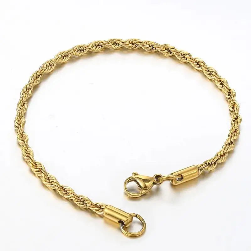 Fashion Jewelry Hiphop 18K Gold Plated Twisted Rope Chain Bracelets Stainless Steel Twist Chain Bracelet for Men Women