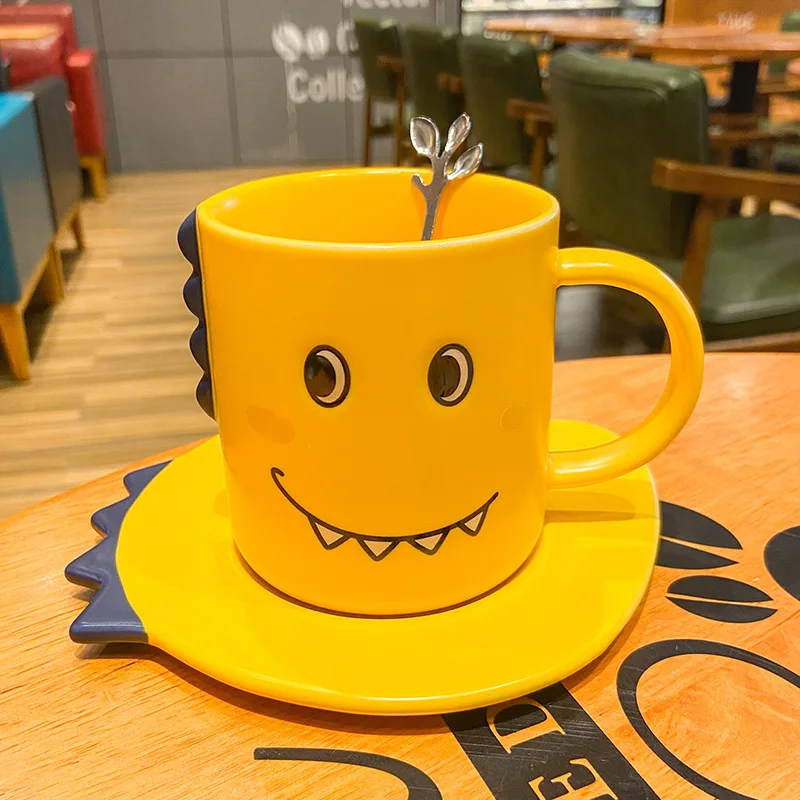 Cartoon cute dinosaur children ceramic cup and saucer set small fresh breakfast couple cup funny expression mug