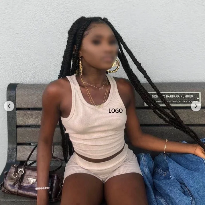 New Summer Custom Women 2 Piece Set Crewneck Sleeveless Loungewear Solid Color Bodycon Elastic Ribbed Tank Top and Shorts Set