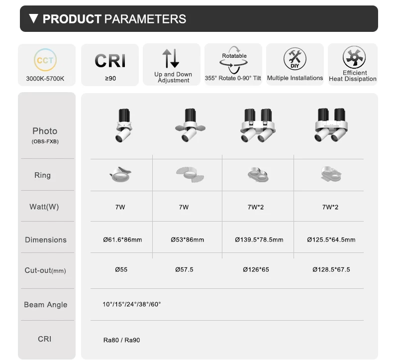 OBALS Grille ceiling lamp led adjustable downlight round 2*7w 12w deep recessed led downlight double head rectangular spot light
