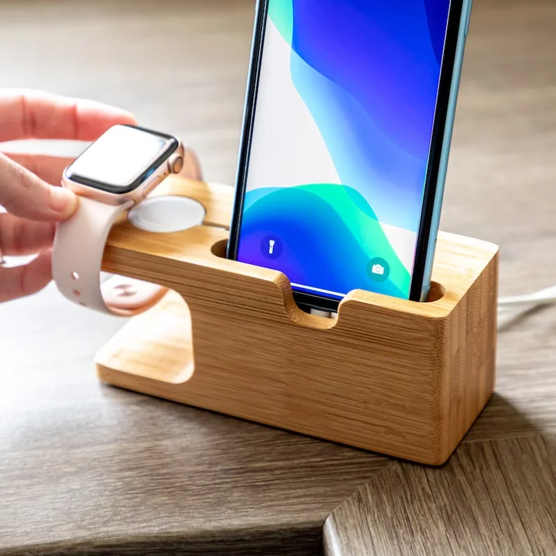 Multi Device bamboo Watch charge support holder Fast Wireless Charger Stand phone stand Bamboo Charging Dock Charge Station